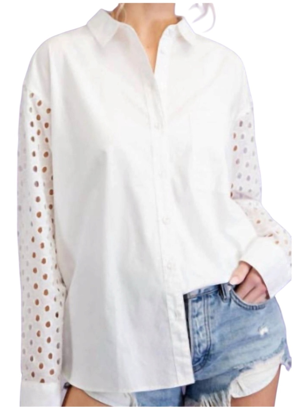 LOFT White Eyelet Sleeve Button Down Shirt Lightweight Cotton Blend Size Medium